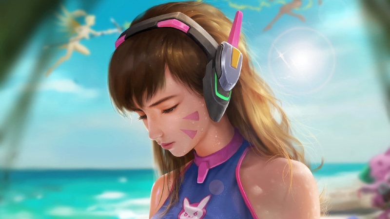 2K, fictional, digital painting, summer, illustration, digital art, sun rays, video games, D.Va (Overwatch), Video Game Art, fictional character, video game girls