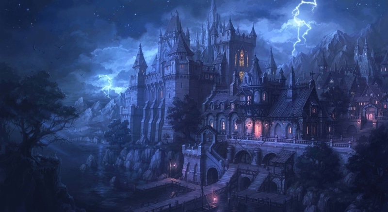 gothic style, artwork, religion, 1080P, dusk, city, belief, illuminated, spooky, building, architecture, place of worship, no people, history, night, fantasy art