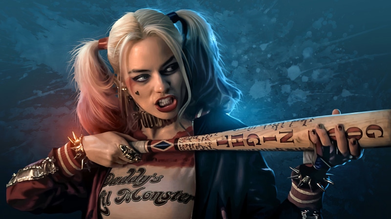 baseball bat, 4K, Harley Quinn, pigtails, Suicide Squad, artwork, blonde, women, actress