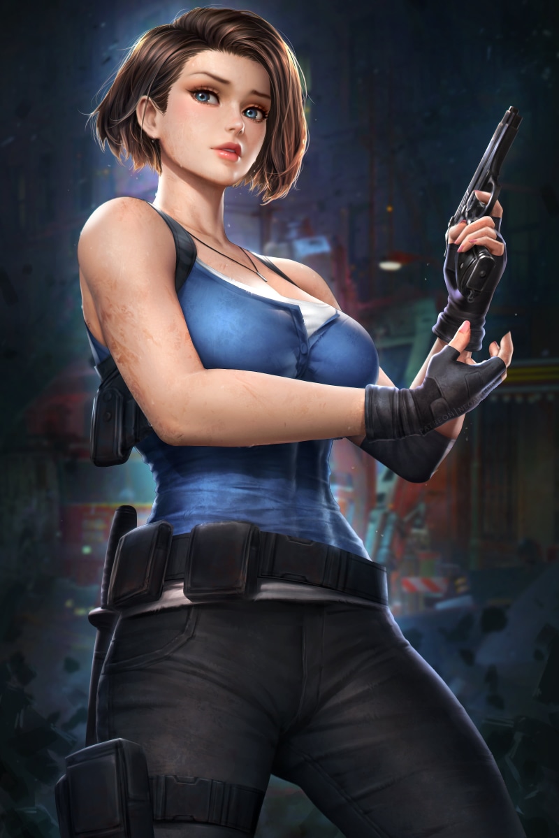 women, dirty, video games, fan art, thigh strap, girls with guns, fictional character, jeans, gloves, Jill Valentine, looking at viewer, blue eyes, T-shirt