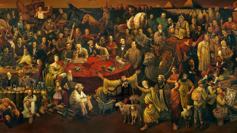 Discussing the Divine Comedy with Dante, market stall, Vincent van Gogh, the past, indoors, Albert Einstein, Genghis Khan, 1080P, Luciano Pavarotti, artwork