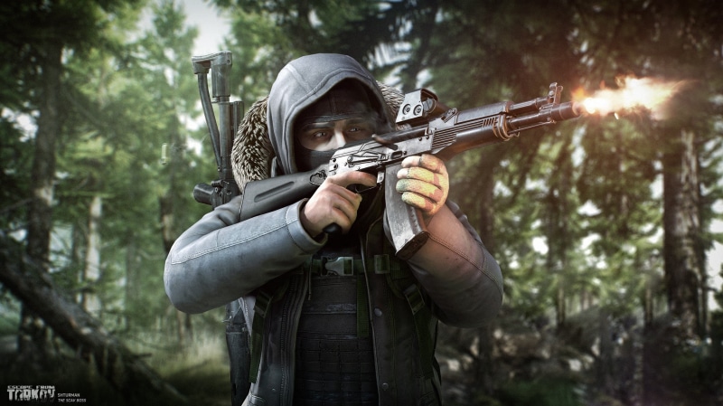 Escape from Tarkov, SVD, flame, Scav, Wild, forest, R.2028, Boss wild, fire, Russia 2028, Kalashnikov, collimator, 1080P, hood, shooting, jacket, Scav boss