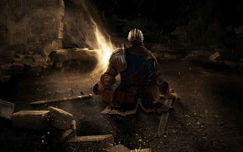transportation, holding, sword, rear view, 1080P, sitting, Dark Souls, helmet, adult, video games, headwear, ruined, architecture, men, nature, history