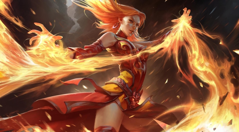 danger, dancing, abstract, exploding, red, yellow, Video Game Art, young women, inferno, outdoors, dota, glowing, real people, lina, Valve Corporation