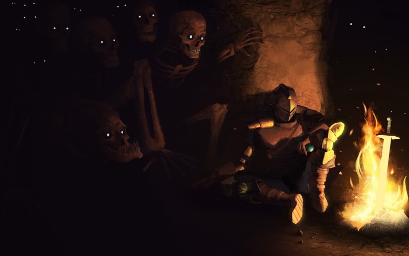 burning, indoors, flame, campfire, souls, men, illustration, nature, bonfire, group, 1080P, wood - material, motion, group of people, dark, heat - temperature