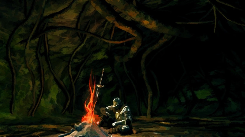 artwork, Dark Souls, leaf, fire, long exposure, heat - temperature, night, nature, land, beside, campfire, plant, tree, burning, illuminated, plant part