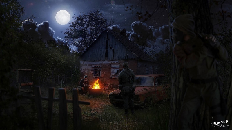 bonfire, night, flame, the fire, sky, architecture, heat - temperature, the moon, illuminated, burning, Stalker, moon, tree, house, building, fire - natural phenomenon