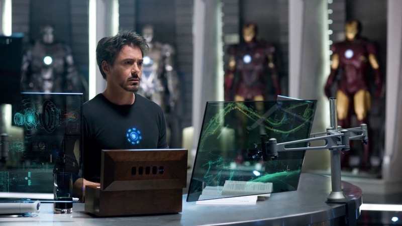 Iron Man, looking, communication, front view, occupation, working, Iron Man 2, downey, robert, standing, 1080P, computer, business person, waist up, one person
