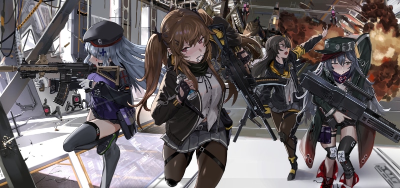 character, women, black stockings, headdress, skirt, girls with guns, real people, explosion, indoors, protection, togetherness, girls, day, occupation