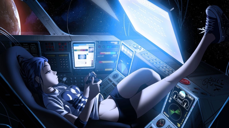 anime, aerospace industry, Cockpit, airplane, illuminated, vehicle interior, indoors, one person, Futuristic, women, Vashperado, music, technology, mode of transportation