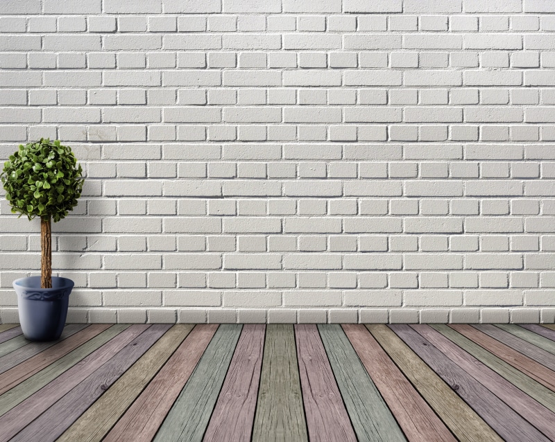 flowerpot, room, space, plastered, green, brick, wood - material, simplicity, day, architecture, absence, color, background image, flooring, outdoors, deco