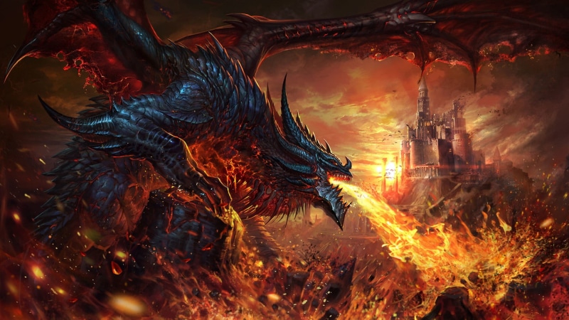 artwork, dragon, fantasy art, creature, fire, World of Warcraft: Cataclysm, castle, 1080P, Deathwing