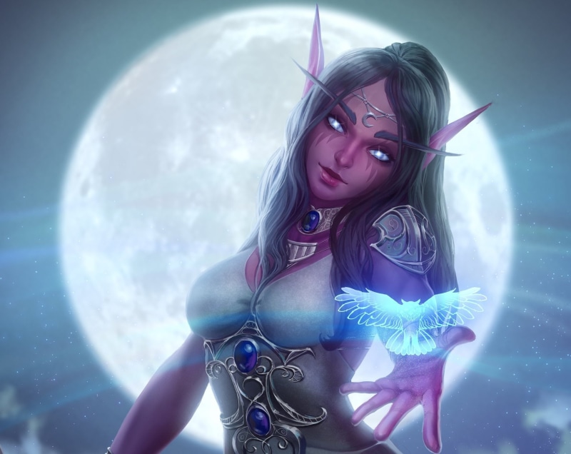 World Of Warcraft, Pointed Ears, Woman, Moon, Magic, Grey Hair, Elf, Girl, Warcraft, Night, 1080P, Tyrande Whisperwind