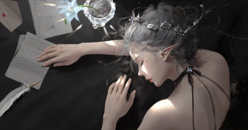 adult, pen, fashion, elves, artwork, real people, closed eyes, long hair, lifestyles, headshot, jewel, sleeping, women, leisure activity, pointed ears