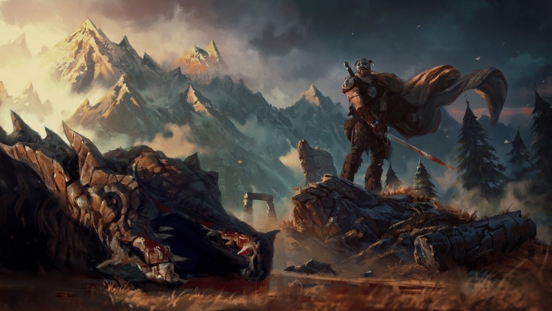 religion, artwork, flame, holding, dragon, nature, The Elder Scrolls V: Skyrim, fire, wood - material, burning, mountain, stack, sky, no people, sunset