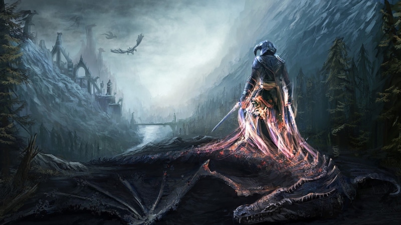 The Elder Scrolls V: Skyrim, horror, ruined, tree, fog, coat, religion, history, nature, environment, 1080P, one person, holding, dragon, man, water, landscape
