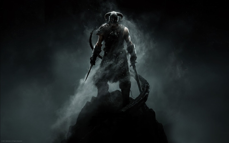 night, horror, smoke - physical structure, one person, mystery, dovahkiin, dragon, skyrim, black background, low angle view, full length, 1080P, creativity