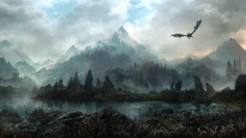 dragon, scrolls, video games, mountains, hd, skyrim, 1080P, landscape, elder