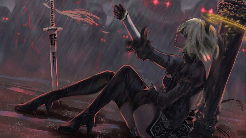 females, video games, adult, b, NieR, artwork, real people, thigh-highs, illuminated, digital art, katana, arts culture and entertainment, people, outdoors