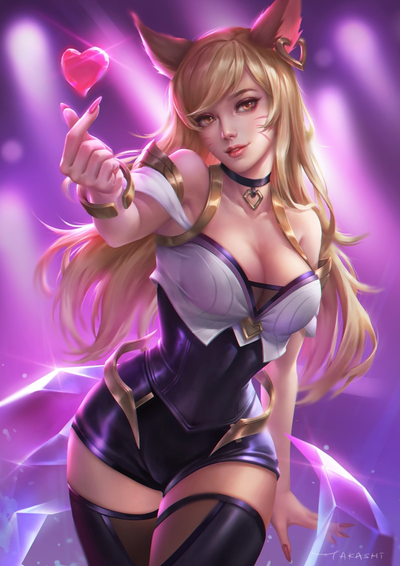 artwork, blonde, video games, portrait display, digital art, cleavage, thigh-highs, thighs, 2K, League of Legends, K/DA, women, Ahri, tight clothing, looking