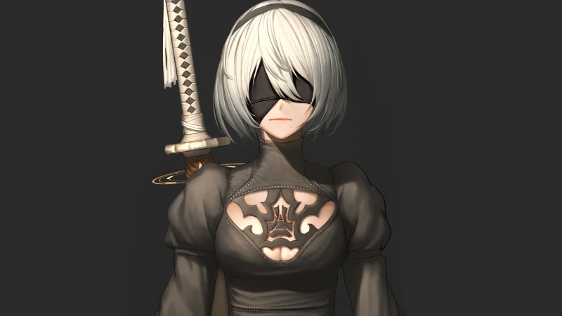 character, 2B, dark, illustration, studio shot, waist up, young adult, hairstyle, beautiful woman, front view, young women, digital art, mask, standing