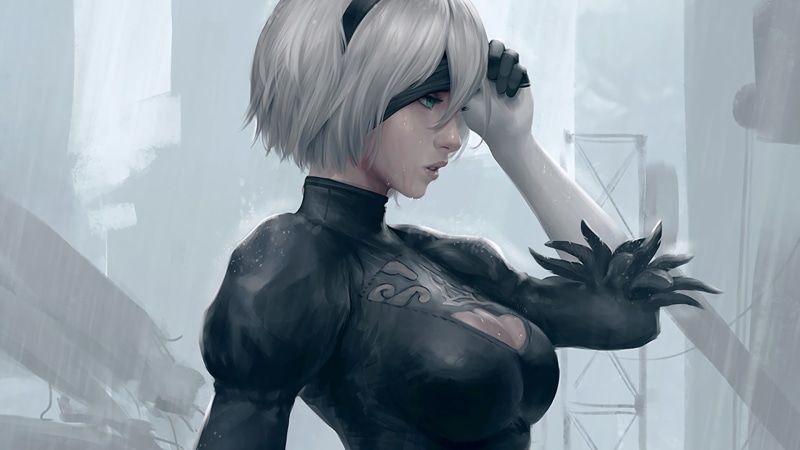 2B, rain, 2B (Nier: Automata), cleavage, 1080P, digital art, Nier: Automata, women, white hair, NieR, blue eyes, video games