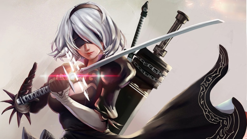 blindfold, one person, young adult, black dress, electric guitar, lens flare, automata, white background, music, holding, performance, Nier: Automata, 2B
