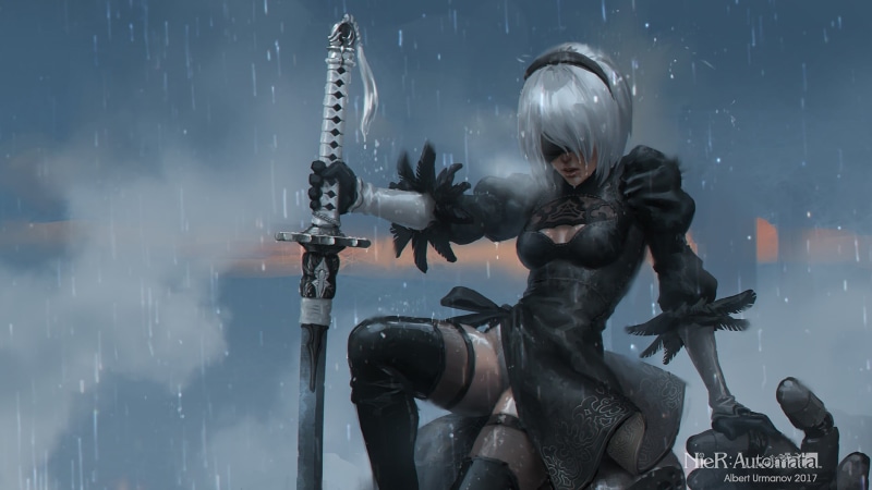 statue, digital, sculpture, no people, sword, hair, architecture, gray, built structure, nature, anime, outdoors, 2B (Nier: Automata), human representation