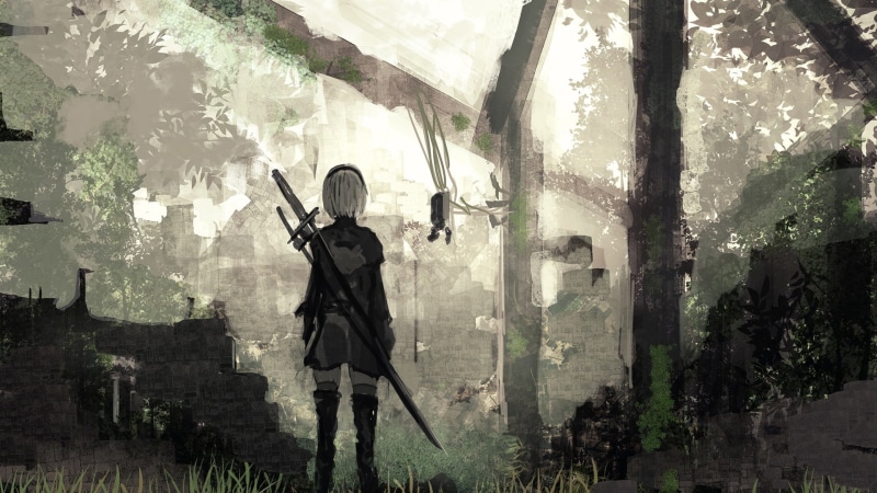 2B, video games, sword, 2B (Nier: Automata), outdoors, sculpture, real people, artwork, one person, Nier: Automata, thigh-highs, statue, full length, white hair