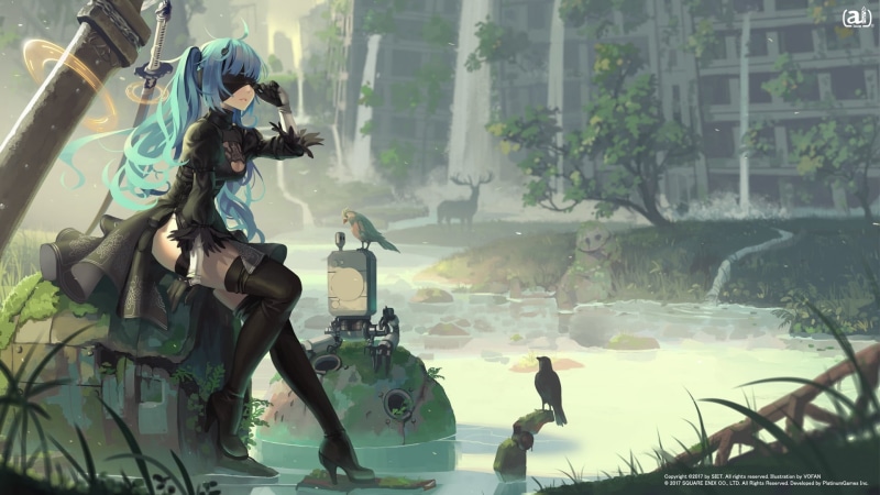 2B (Nier: Automata), video games, built structure, blue hair, military, reflection, architecture, people, pigtails, Nier: Automata, outdoors, crossover