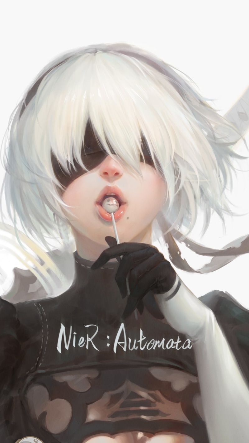 waist up, 2B (Nier: Automata), 2K, beauty, Nier: Automata, black, illustration, fashion, artwork, women, wearing, top, androids, headshot, portrait, juicy lips