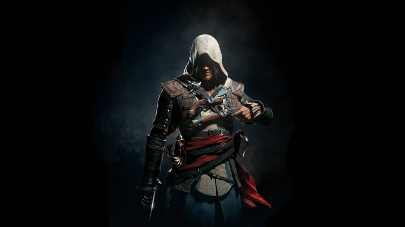 ezio, kenway, indoors, aggression, mid adult, 2K, sport, gun, digital, black background, obscured face, holding, clothing, rifle, hood - clothing, young adult