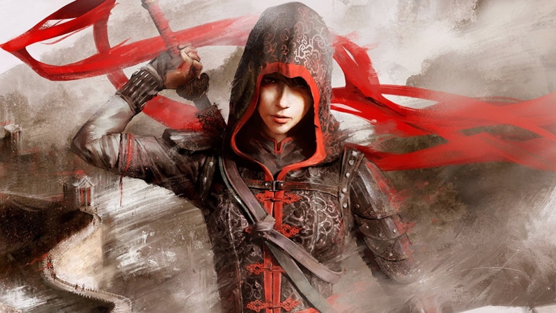 magic, front view, hairstyle, creed, long hair, costume, mystery, people, assassin, s, imagination, waist up, adult, indoors, women, artwork, halloween