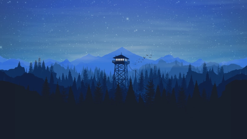 Night, The game, Hills, Campo Santo, Firewatch, Forest, Tower, Fire watch, Art, Landscape, View, Birds, Stars, 4K, Mountains
