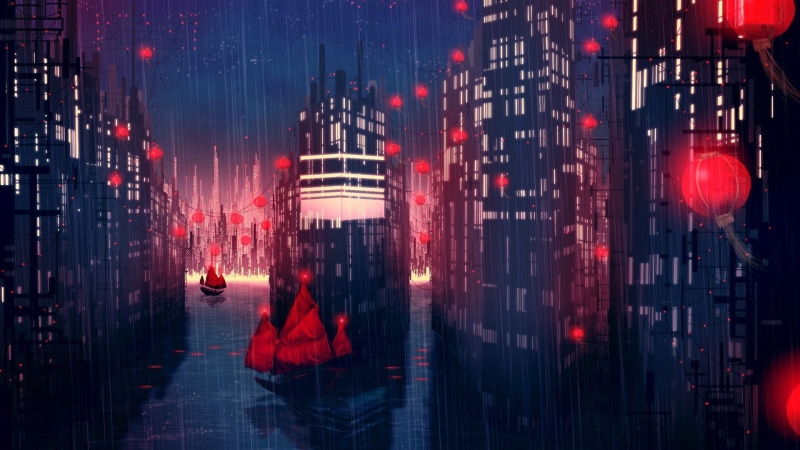 building Exterior, reflection, skyscraper, red, cityscape, famous Place, built Structure, one person, boat, city Life, 1080P, concept art, urban Skyline
