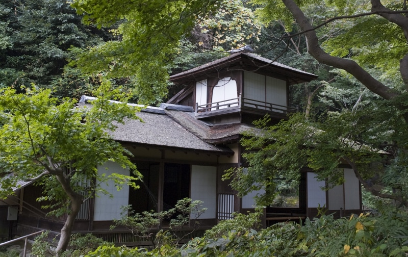 building exterior, nature, tranquility, relaxation, old, building, japanese garden, land, japanese house, stones, gray, rest, pagoda style, plant, rain