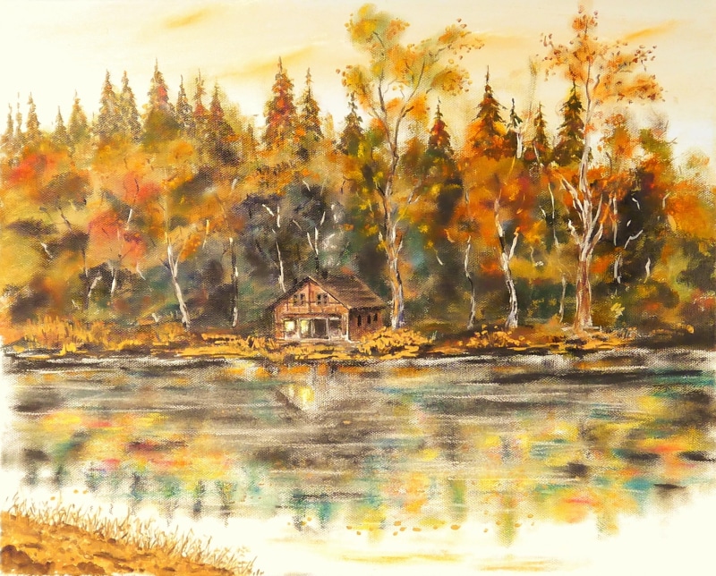 wooden, orange color, nature, building, one animal, landscape, house, shrubs, body, beauty in nature, waterfront, animals in the wild, painting, plant