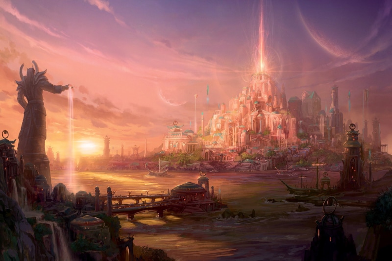 World of Warcraft, office building exterior, sculpture, video games, art and craft, castle, spirituality, built structure, skyscraper, religion, night