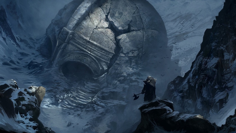 tranquility, people, fantasy art, ice, rock - Object, rock, winter, helmet, building, water, mountain, Vikings, adventure, artwork, standing, dome, axes
