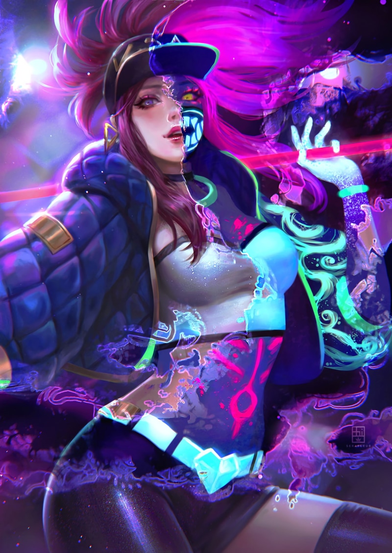yellow eyes, belly, tight clothing, thigh-highs, women, thighs, 1080P, League of Legends, artwork, digital art, video games, portrait display, purple hair