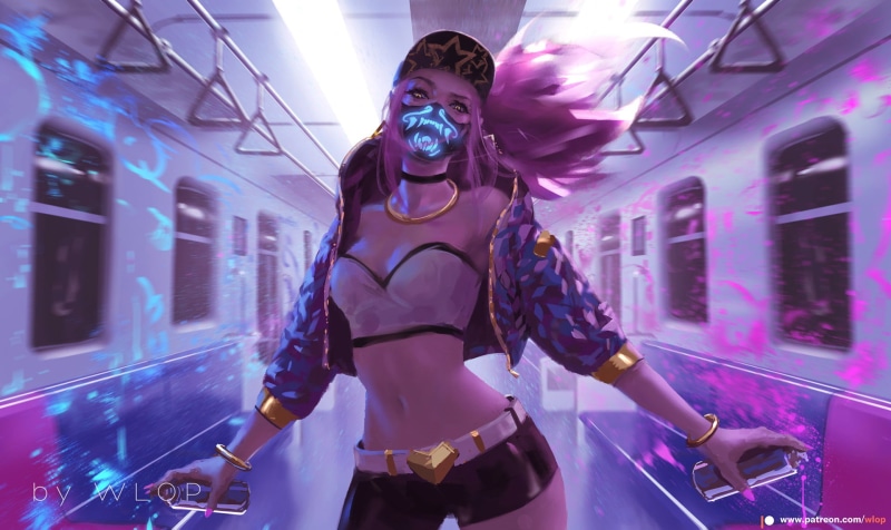 mask, WLOP, digital art, train, League of Legends, women, pink hair, Akali(League of Legends), artwork, 1080P