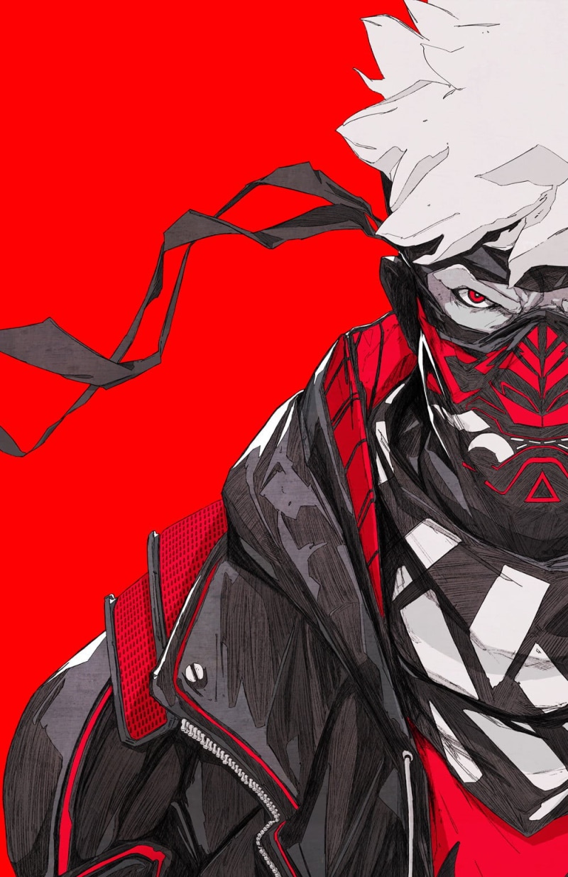 mask, portrait, leisure activity, sketches, illustration, close-up, red, oni mask, helmet, warrior, cyberpunk, 2D, body part, sports helmet, 720P, human body part