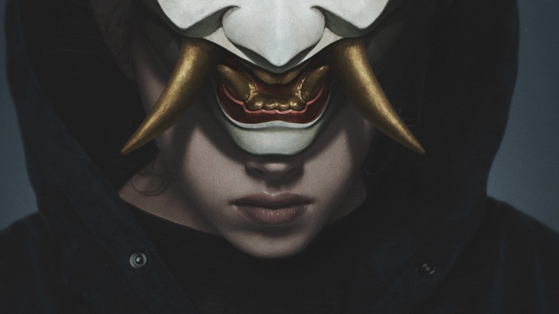 women, artwork, mask, face, digital art, 1080P, oni mask