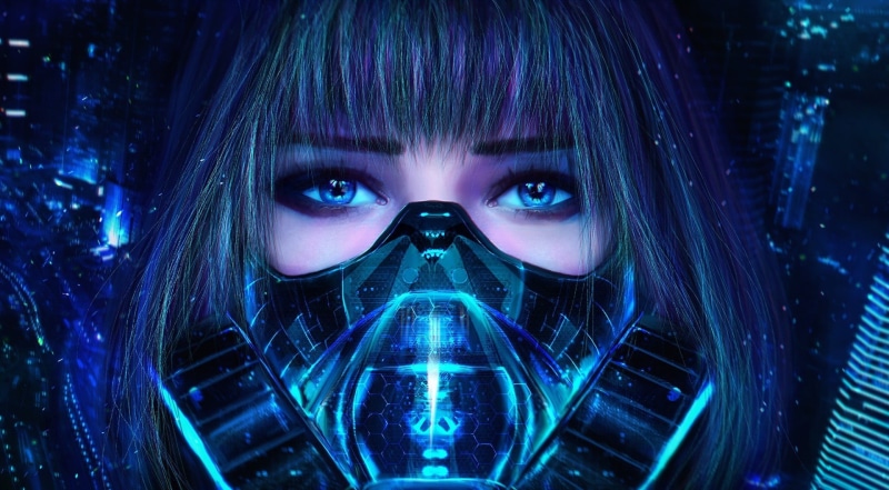 front view, cyan, beautiful woman, people, realistic, science, adult, MagicnaAnavi, dark, CGI, indoors, bangs, technology, suit, caucasian Ethnicity, beautiful