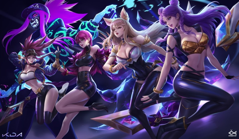 women, looking away, K/DA, digital art, 1080P, animal ears, legs, League of Legends, video games, Akali(League of Legends), Citemer Liu, Video Game Art