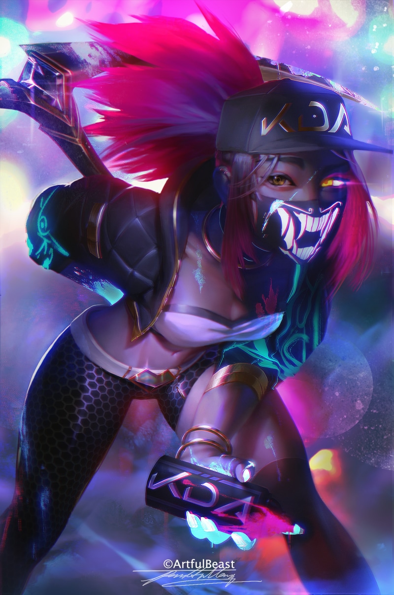 artwork, 2D, fantasy girl, Akali, ponytail, Video Game Art, digital art, illustration, League of Legends, portrait display, K/DA, fan art, looking at viewer