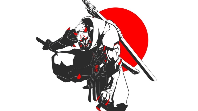 white, holding, clown, katana, arts culture and entertainment, standing, Genji (Overwatch), music, illustration, shinobi, red, musical instrument, musician