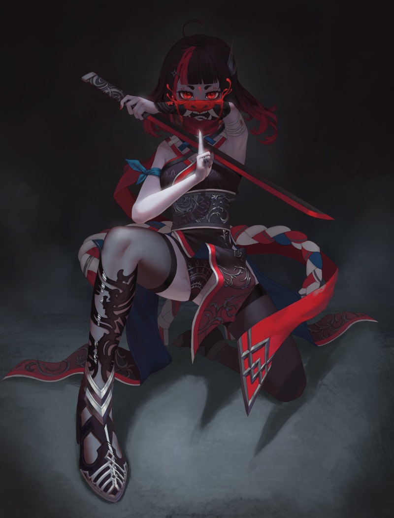 ninja girl, minimalism, oni mask, sword, red eyes, 4K, artwork
