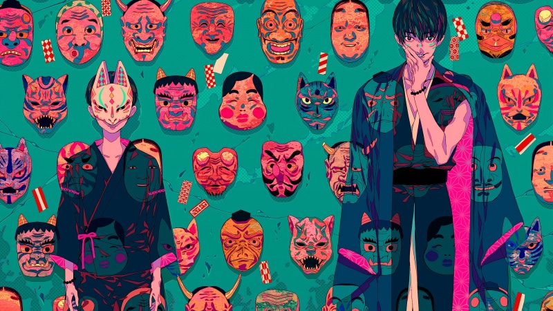 Japan, Akiakane, samurai, 2K, green background, oni mask