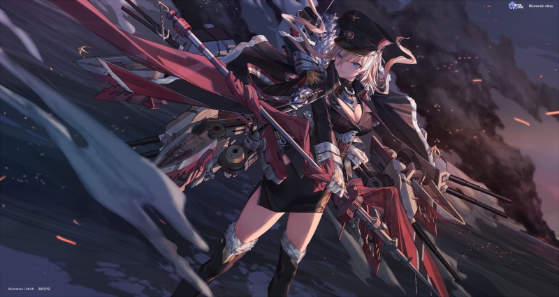 warship, cleavage, uniform, Azur Lane, thighhighs, anime, Bismarck (Azur Lane), Azur_Lane, video games, blue eyes, 2K